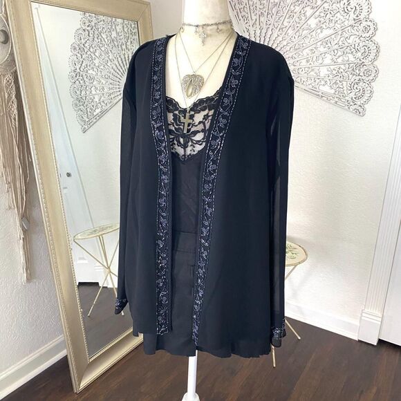 R&M Richards Whimsygoth Beaded Open Front Black Mesh Cardigan 14 / L - Picture 4 of 8